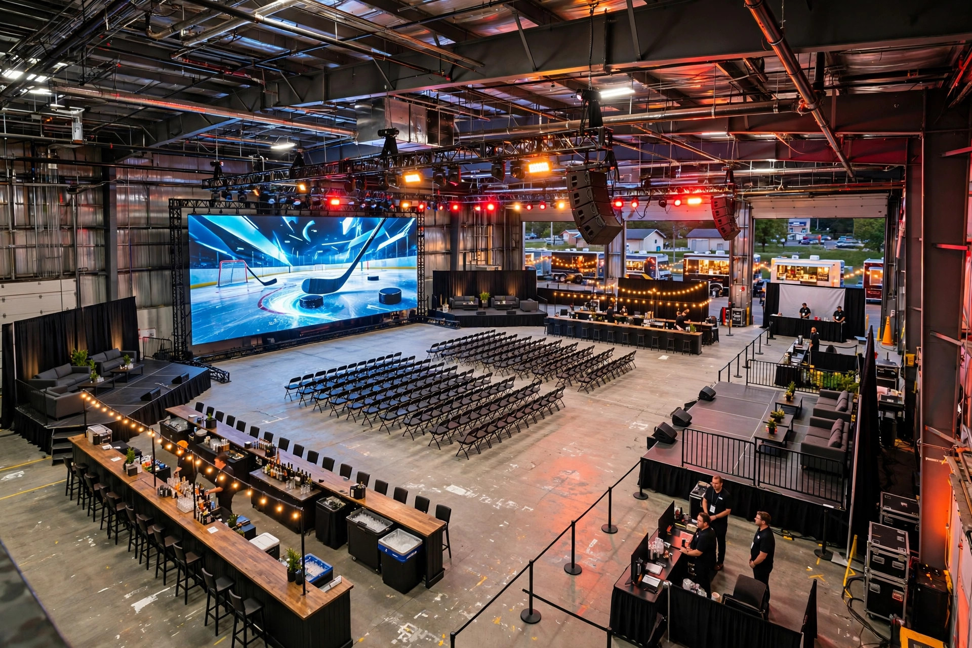 Concept vision of the warehouse watch party: a massive screen, bars, VIP lounges, food trucks and a DJ booth